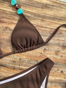 SHEIN Swim Solid Color Fabric Multi-Color Stone Decor, Elegant Resort Women Swimwear Set - Brown - View 7