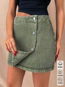 SHEIN 100% Cotton High Waist Regular Fit Denim Skirt - Green - View 5