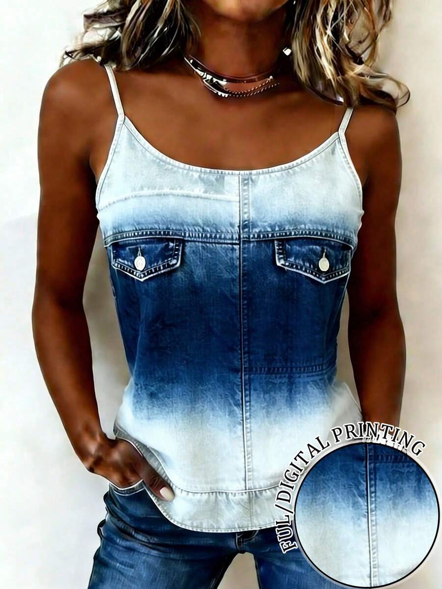 EMERY ROSE Áo hai dây denim in họa tiết ombre thời trang đường phố mùa hè dành cho nữ - Xanh và trắng - Xem 1