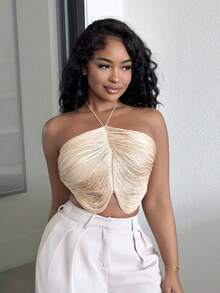 Alexandranx 流蘇領口婚禮季優雅女士背心上衣 - 卡其色 - 查看 6