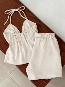 Franclia 2 pièces Ensemble de débardeur et short en lin d'été pour femmes - Nude - Voir 2