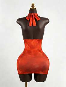 Lyxana Women's Halter Hollow Out Metal Buckle Bodycon Mini Dress, Casual Elegant Orange Vacation Dress, Charming Young Lady - Multicolor - View 2