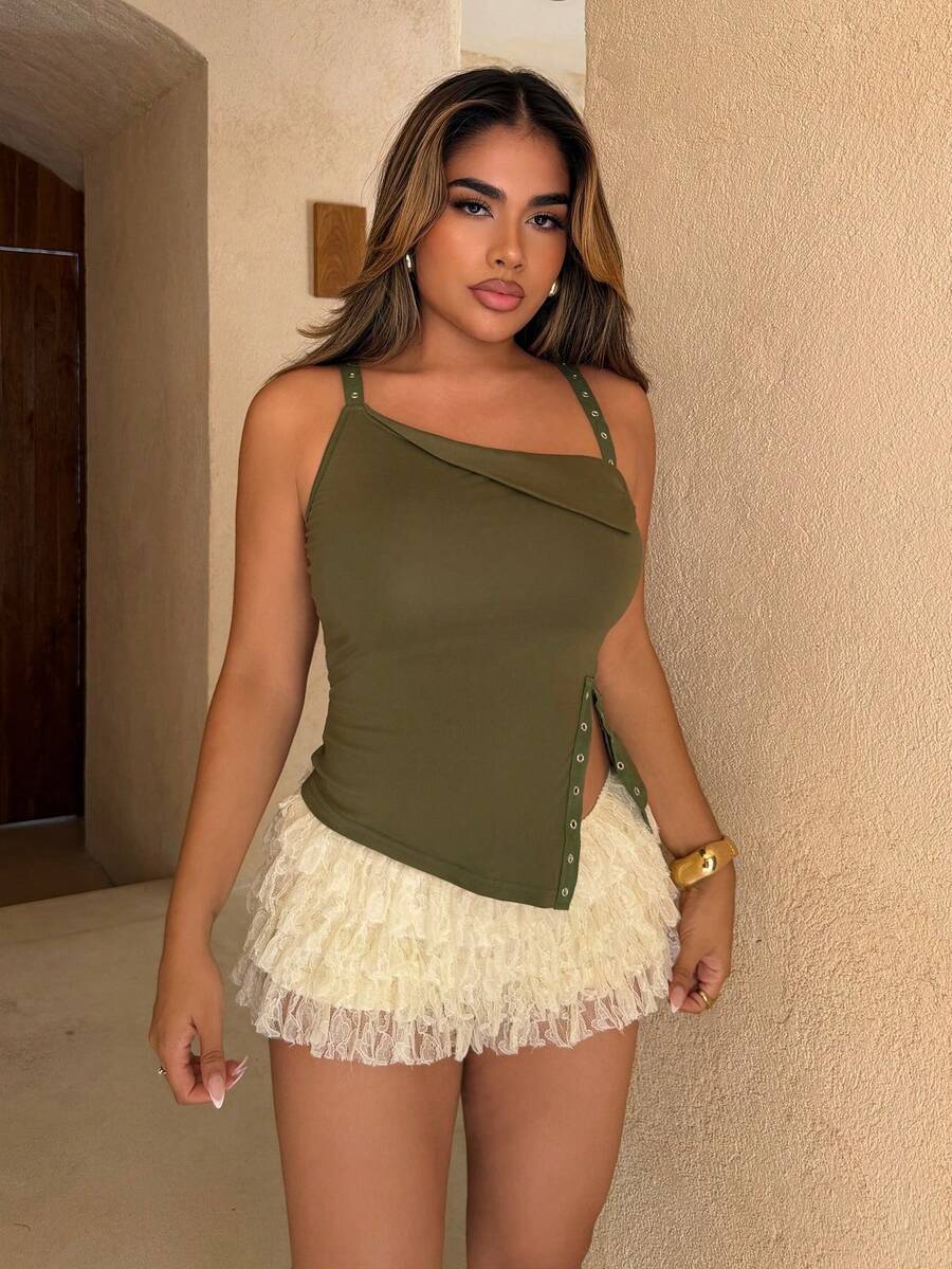女式夏季金属孔眼不对称下摆修身吊带背心 - 軍綠色 - 查看 1