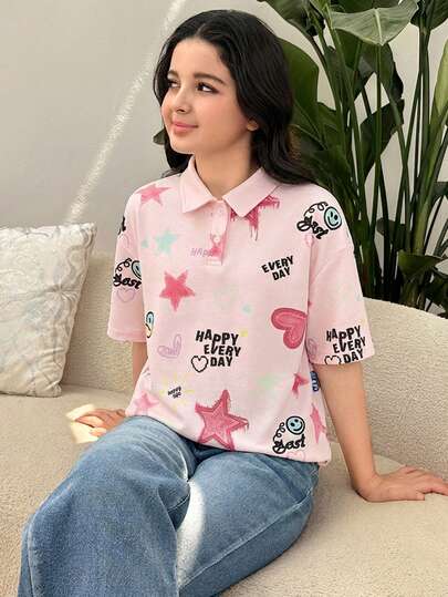 SHEIN Áo thun polo cổ bẻ tay ngắn họa tiết trái tim phong cách đường phố giản dị cho bé gái tuổi teen, phù hợp cho mùa hè