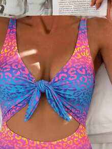 Swim Mod Women's Leopard Print Knotted Front One-Piece Swimsuit - Multicolor - View 4