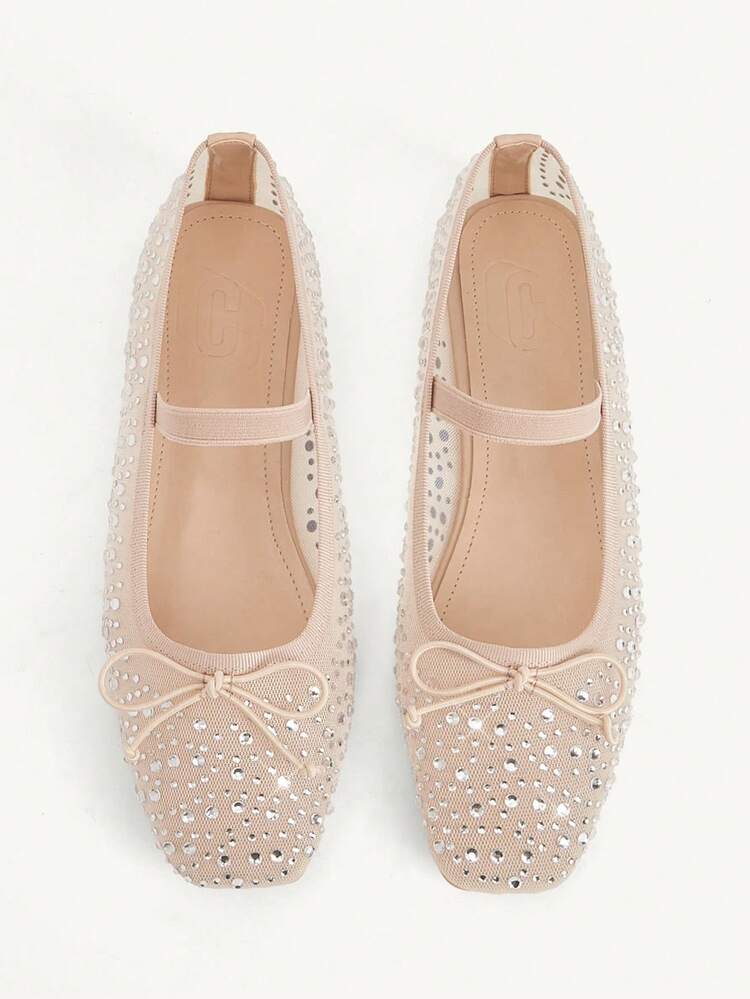 CUCCOO CHICEST Women Shoes Spring And Summer Fashion Apricot Full Diamond Mesh Yarn Small Bow Elastic Band Women's Flat Shoes Elegant Comfortable Breathable Cute Sweet Mary Jane Flat Women's Shoes