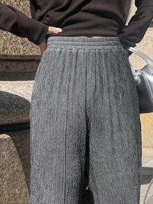 FRIFUL Women's Solid Color Elastic Waist Casual Loose Flare Leg Pants Summer - Grey - View 7