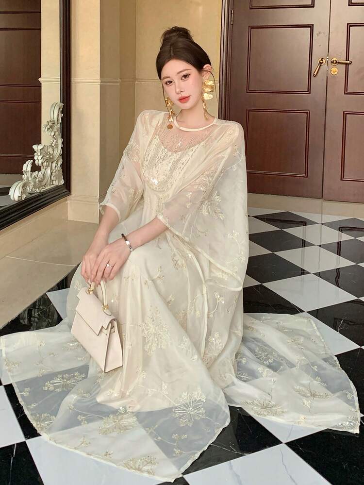 Women's Elegant Ethereal Embroidered Sequin Semi-Sheer Batwing Sleeve Loose Dress Sun Dresses For Women