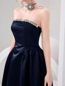 Poshira Women's Rhinestone Decorated Glamorous Strapless Formal Gown (Heavy Embellishment) - Navy Blue - View 6