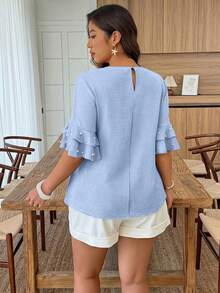Weeklong Plus Size Women's Round Neck Ruffle Sleeve Beaded Casual Blouse, Spring/Summer - Baby Blue - View 2