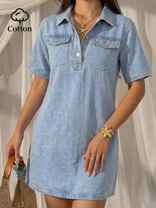 SHEIN EZwear Đầm nữ dáng rộng thoải mái, đầm tay ngắn, đầm mặc ngoài trời, đầm xuân hè, đầm cổ bẻ, đầm thường ngày kiểu Mỹ, đầm đi nghỉ mát. - màu đen - Xem 1