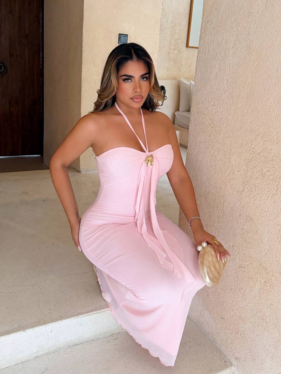 Maria Perezxox 女士度假蓝色针织网纱浪漫修身露背系带金属扣装饰鱼尾连衣裙，适合派对、圣诞节、约会、夜店、波西米亚风、度假、秋季等场合。 - 粉色 - 查看 1