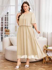 Modelyn Plus Size Women Solid Color Round Neck Fashionable Date Party Dress - Apricot - View 6