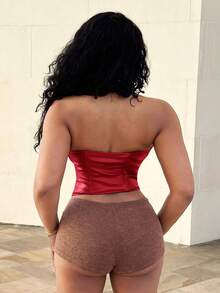 Alexandranx Red Date Night Fishbone Tight Corset Solid PU Leather Tube Top - Red - View 2