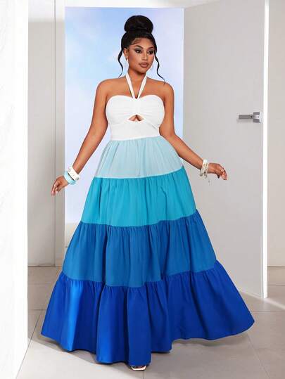 Maweii 大码露背法式雪纺连衣裙，优雅海滩度假装