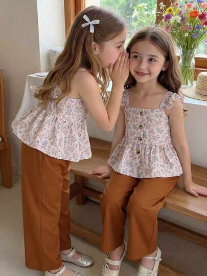 SHEIN Vintaside Kids 2pcs Young Girl Vintage Floral Textured Button Sleeveless Ruffle Top And Casual Pants Set, Suitable For Daily Wear, Spring/Summer Outing, Party, Back To School Spring Clothes For Girls Kids Coords For Girls Kids Summer Outfits For Girls Kids Clothes For Girl Blouses For Girls Kids Clothes For Girls Cute Outfits For Girls Girls Floral Tops Kids Blouses For Girls Young Girls Clothing Sets