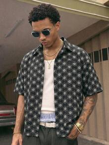 AXEPEAK Camisa de manga corta con estampado sencillo para hombre - Negro - Ver 1