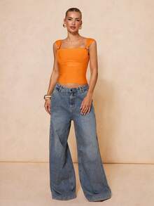 Lumalex 女士时尚弹力金属装饰露脐上衣，夏季 - 橘色 - 查看 4