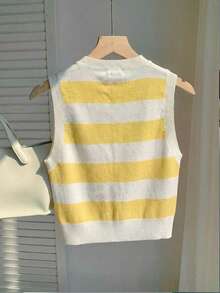 CovetEZ 夏季新款休闲简约奶油黄条纹泰迪熊图案短款针织上衣，适合上学穿着，柔和的奶油黄色调增添青春魅力！超显瘦颜色！ - 彩色 - 查看 2