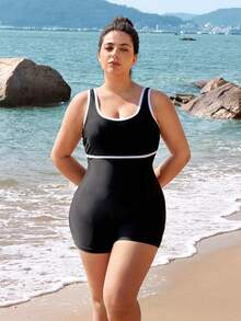 Swim SPRTY 大码女士时尚连体泳衣，圆领露背设计，显瘦显瘦，休闲运动沙滩冲浪度假泳装 - 黑色 - 查看 5