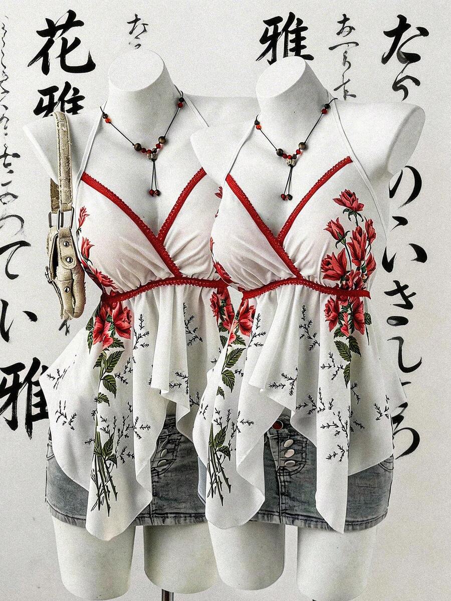 Sunspun 大码女式碎花不对称下摆露背吊带背心，春夏款 - 橘色 - 查看 1