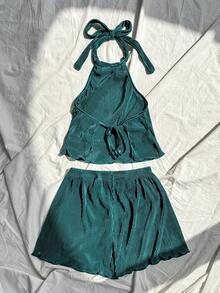 Elamini 女士纯色露背吊带上衣和短裤两件套，夏季 - 藍色 - 查看 2