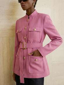 Aveloria Modichic Stand Collar Thick Tweed Single-Breasted Metal Button Decor Belt Utility Jacket - Pink - View 6