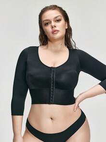 SHAPORA Plus Size Solid Color Front Button Fitted Crew Neck Shaping Top - Black - View 1