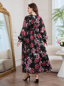 Modelyn 印花V领长袖收腰A字大码连衣裙，春秋季 - 彩色 - 查看 2