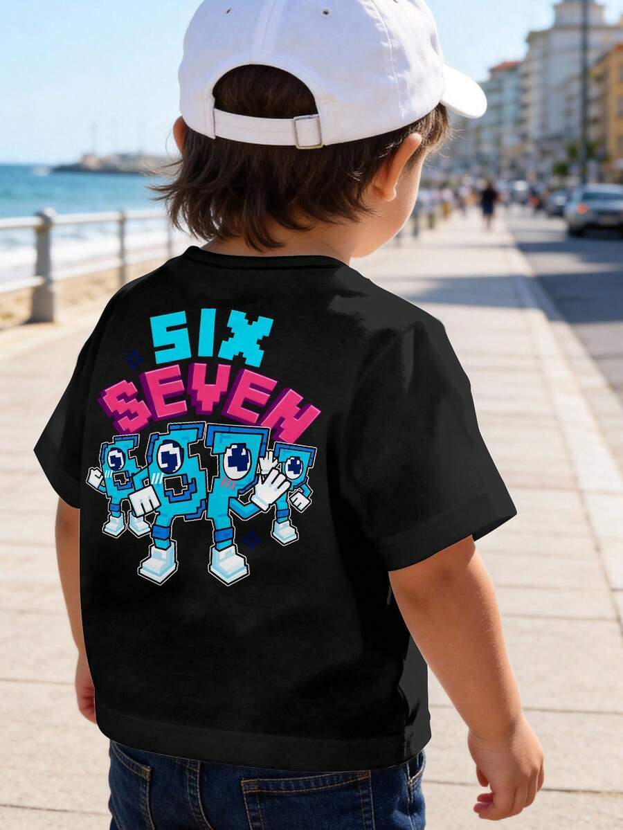 SHEIN Young Boys' Casual Minimalist Round Neck T-Shirt Suitable For Summer, Classic Cool Text, Street Slang "6", "7", "Six", "Seven" Text Graphic Print, Back Print - Black - View 1