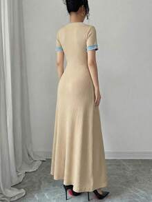 Rafferiza Women's Elegant Waist Cinched Patchwork Color Long Party Dress - Apricot - View 2