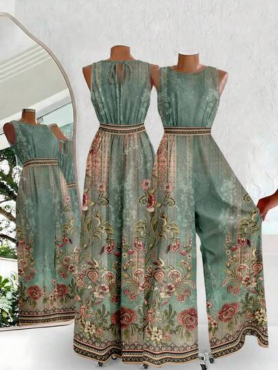 SHEIN Clasi Mono floral bohemio verde para mujer - Atuendo versátil para primavera/verano para festival occidental, vacaciones en la playa, vacaciones de primavera, boda boho tropical, aniversario, fiesta de damas de honor