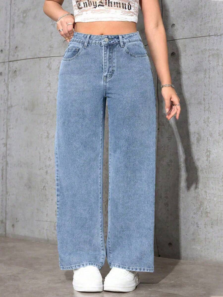 Rivivi Plus Size Women's Non-Stretch Washed Denim Jeans, Retro Vintage Mid-Rise Loose Relaxed Straight Leg Jeans - Light Wash - View 1
