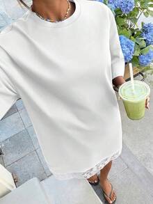 Muchica 女士夏季新款蕾丝拼接宽松短袖T恤迷你连衣裙 - 白色 - 查看 6