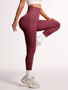 SHEIN Sports 纯色高腰舒适透气休闲日常健身紧身裤 - 酒紅色 - 查看 2