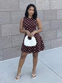 Alexandranx Váy chữ A không tay chấm bi màu nâu thời trang thu đông dành cho nữ, dáng chữ A thanh lịch, thích hợp cho các bữa tiệc, buổi họp mặt trang trọng, váy phù dâu, buổi tối đi chơi, Halloween, Giáng sinh - màu nâu - Xem 6