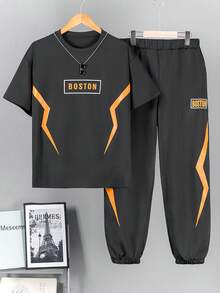 Vacaura Set de 2 piezas de camiseta de manga corta y pantalones con estampado de brillo negro y azul cielo, casual, adecuado para actividades al aire libre de primavera/verano para adolescentes - Negro - Ver 6