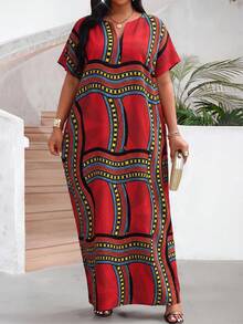 SHEIN Lady 女士条纹V领宽松休闲中长连衣裙，适合度假 - 彩色 - 查看 6