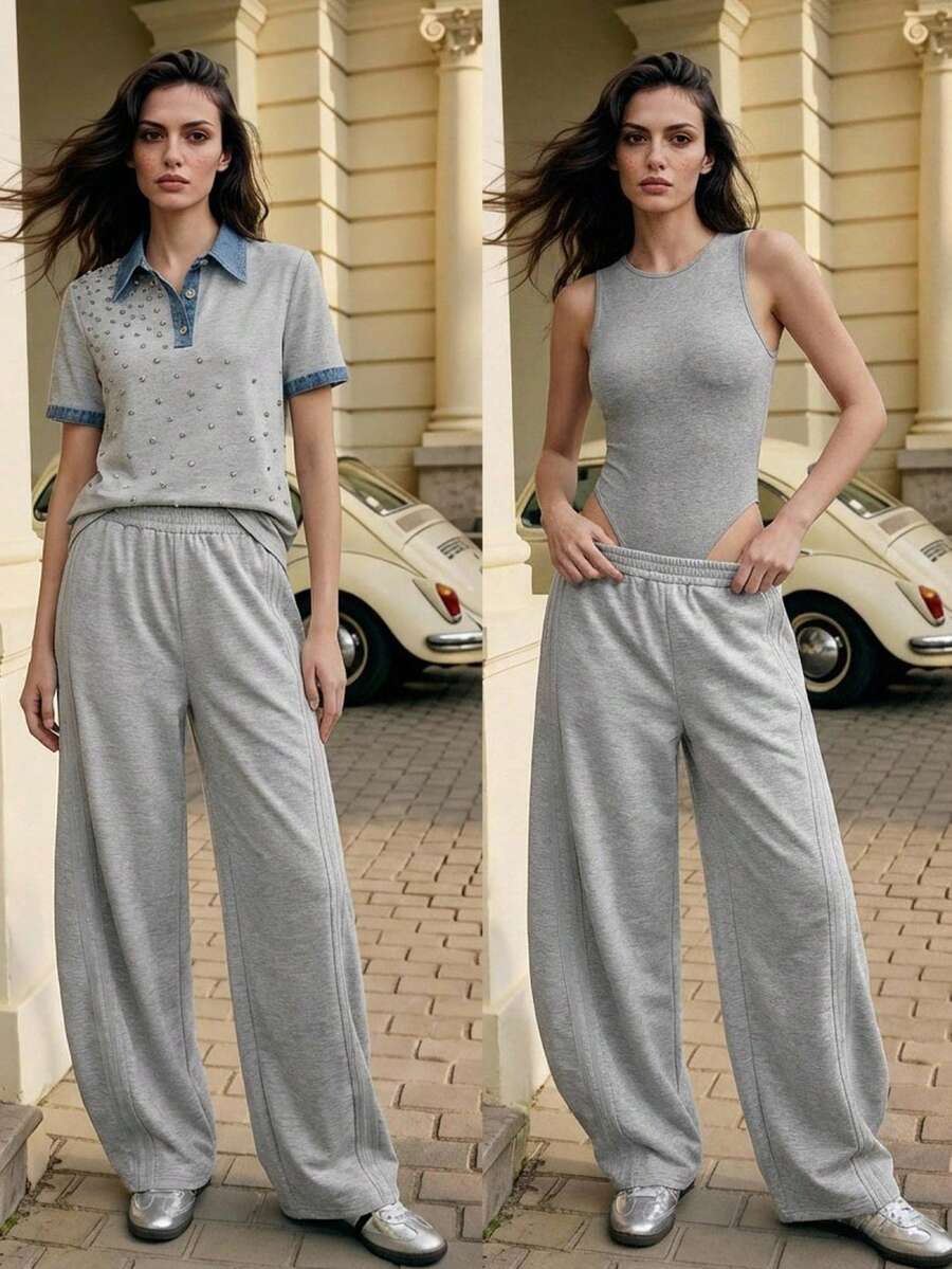 Anewsta 新款灰色女士弹力腰阔腿裤，春季休闲宽松直筒裤，简约显瘦时尚百搭阔腿裤 - 淺灰色 - 查看 1