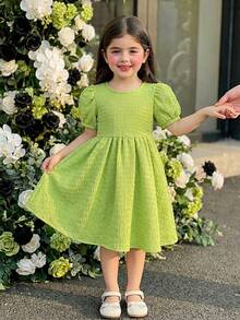 Elladie kids 女童绿色纹理面料花瓣袖连衣裙，后背蝴蝶结装饰，收腰设计，可爱百搭，适合休闲、度假等场合，面料舒适宽松，2026夏季新款女童连衣裙 - 綠色 - 查看 8