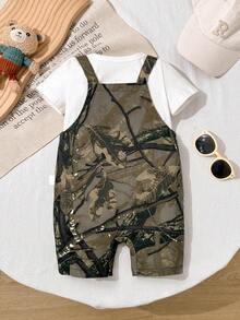 Baby Boy Casual Versatile Denim Bib Shorts With Pockets, Everyday Wear - Army Green - View 2