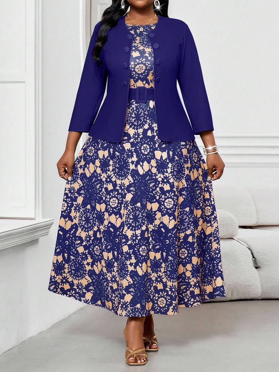 SHEIN Lady Bộ 2 váy midi họa tiết gợn sóng đơn giản cổ tròn có thắt lưng dành cho ngày lễ cỡ lớn dành cho nữ trang phục đi chơi hai mảnh - Màu xanh hải quân - Xem 1