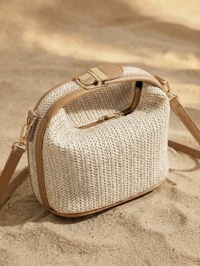 Arave 迷你简约草编包顶部手柄拉链，夏季度假包，沙滩钱包，非常适合夏季、度假和日常使用