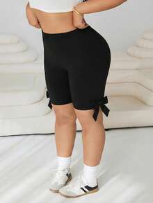 SHEIN EZwear Plus Size Women Casual Bow Decor Short Leggings, Summer - Black - View 5