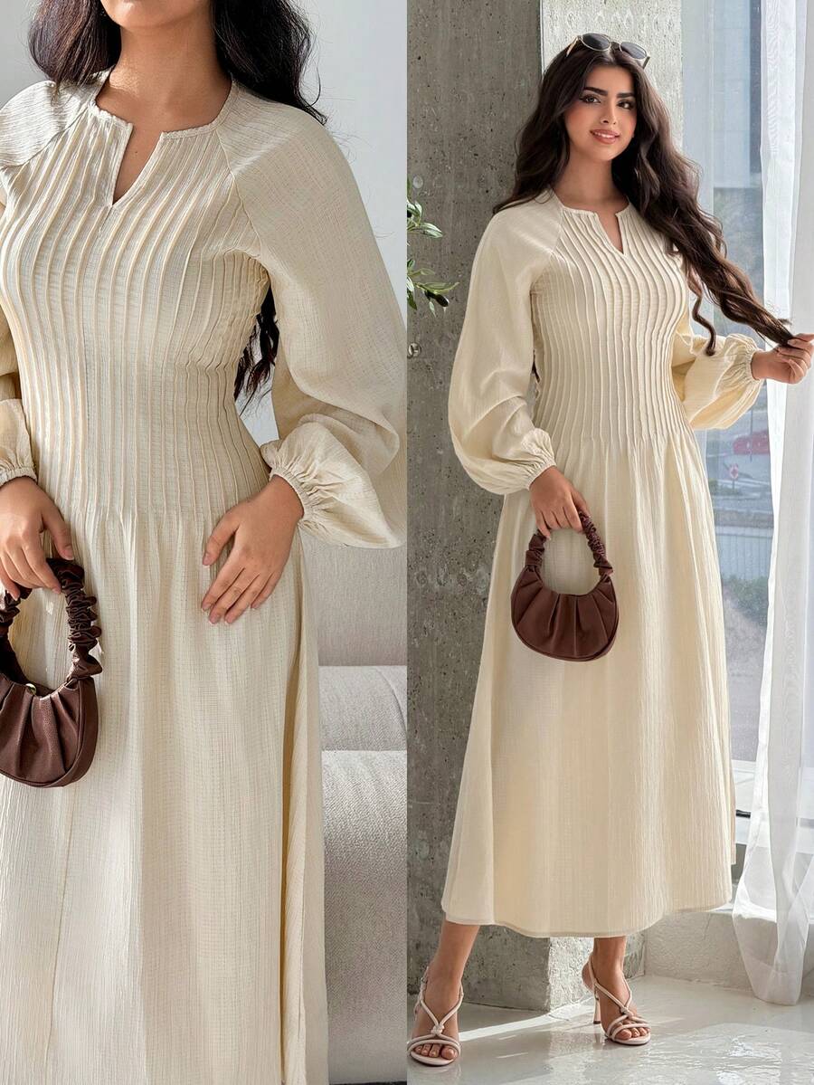 Đầm đi nghỉ mát kiểu Hàn Quốc, cổ chữ V, kẻ sọc, thắt eo, thanh lịch, phong cách thường ngày, hàng mới về. - Màu be - Xem 1