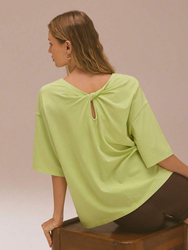 Vintage Washed Pima Cotton Twist Back Ultra-Soft Stretchy Breathable Mid-Length Sleeves Front Pocket Crewneck Tee Low-Impact Daily Casual Wear Fall Winter
