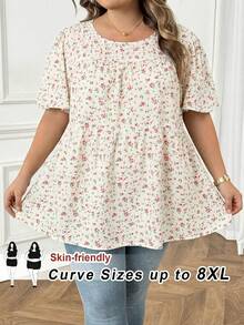 SHEIN CURVE+ 大码女式碎花圆领短袖休闲衬衫，夏季女装，度假女装，波西米亚风假日装，秋季女装，秋季服装，教师装 - 白色 - 查看 9