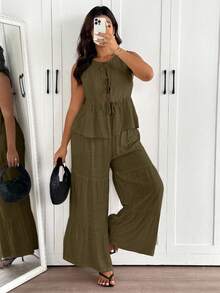 SHEIN Frenchy Plus Size Summer Casual Versatile Multi-Layer Ruffle Patchwork 2 Pieces Set, Women Top + Pants, Suitable For Daily Wear And Beach Vacation - Coffee Brown - View 4