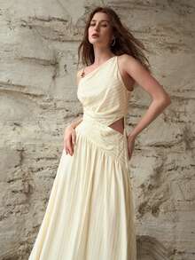 MOTF PREMIUM WOMEN'S LINEN STRIPE PRINT ASYMMETRIC NECK HOLLOW OUT WAIST FLARED DRESS, SPRING/SUMMER - Light Yellow - View 4