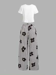 SHEIN Ensemble t-shirt à manches courtes col rond et pantalon ample avec imprimé floral rayé, tenue décontractée d'été pour préadolescentes en vacances - Noir et Blanc - Voir 2